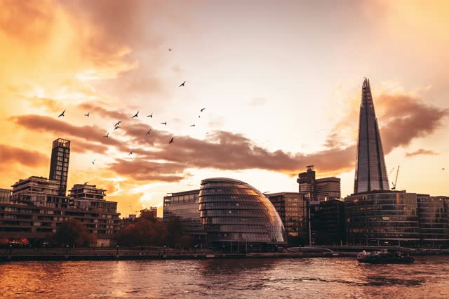 City Hall and the Shard at sunset with birds overhead