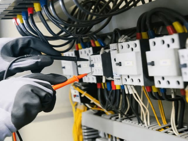 An electrician testing an electrical panel