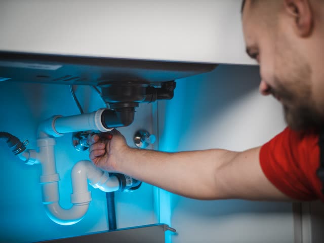 A plumber working on pipework