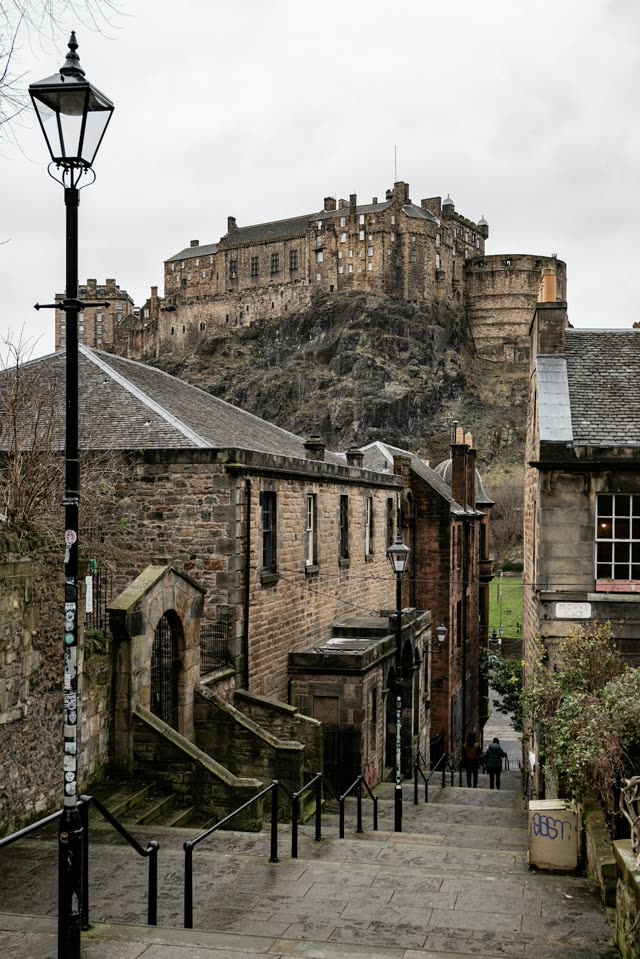 Edinburgh Castle above a stone staircase, Scotland