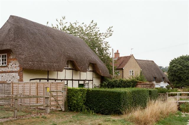 Thatched-roof cottages in a rural English village